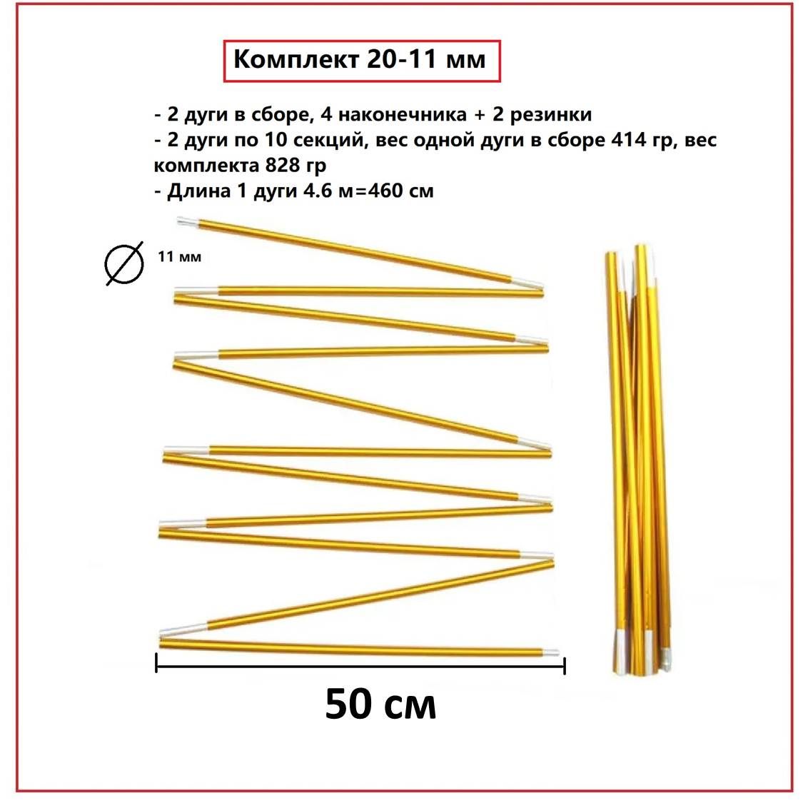 Дуги 2 шт для палаток алюминиевые 11 мм, комплект из двадцати шт в сборе, каркас для туристической палатки 4.6 м