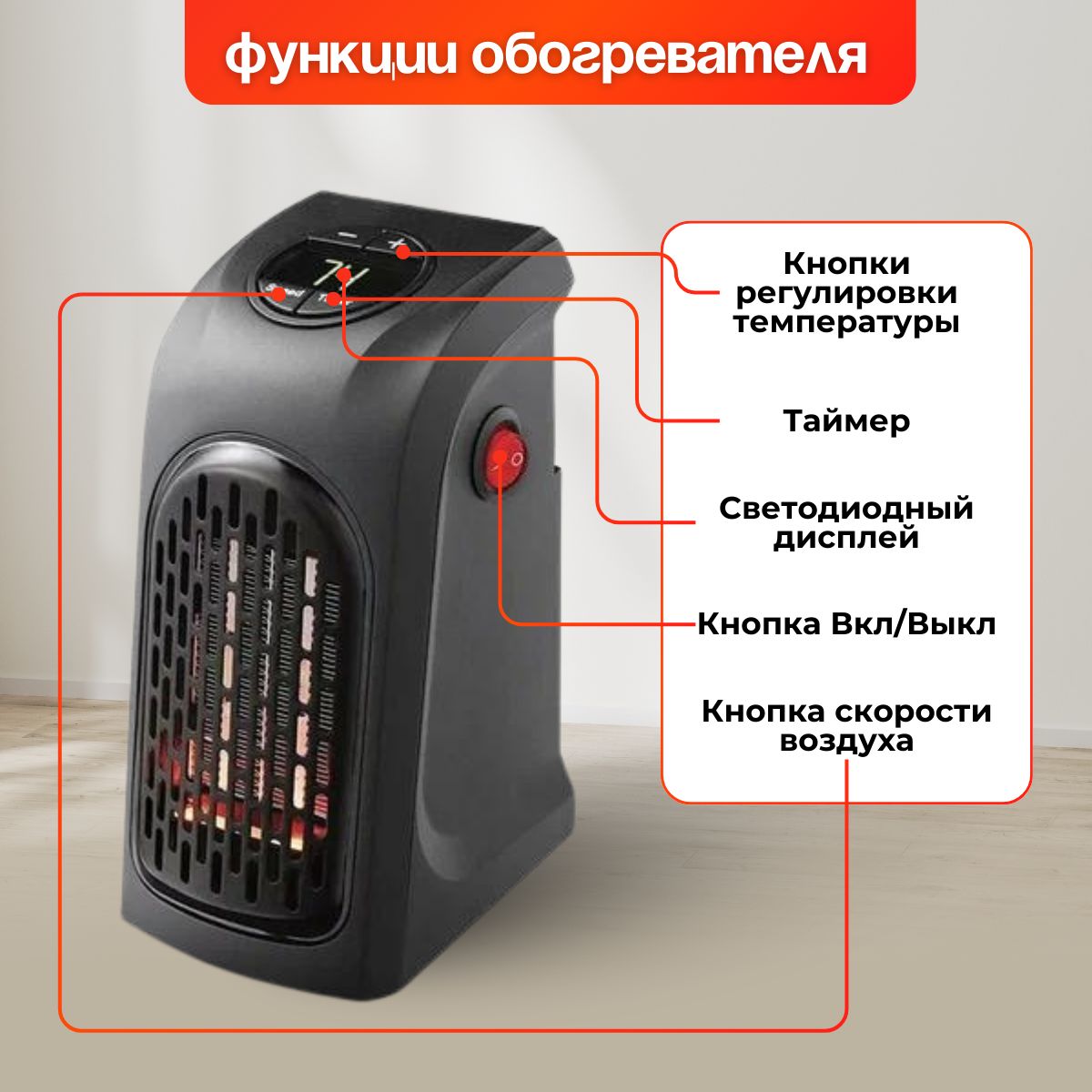 Тепловентилятор портативный настенный для дома и офиса электрический мини обогреватель