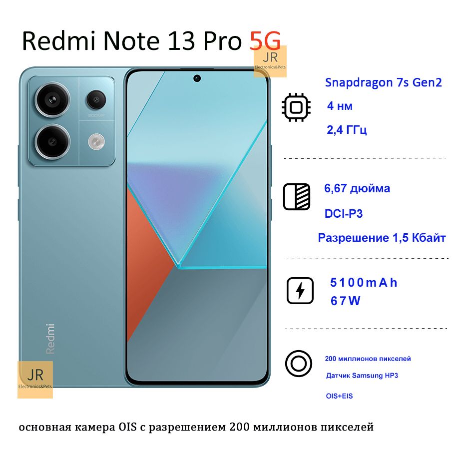 XiaomiСмартфонRedminote13Pro5G,основнаякамерасразрешением200миллионовпикселей,стеклоgorillaVictusglass12/512ГБ,светло-синий