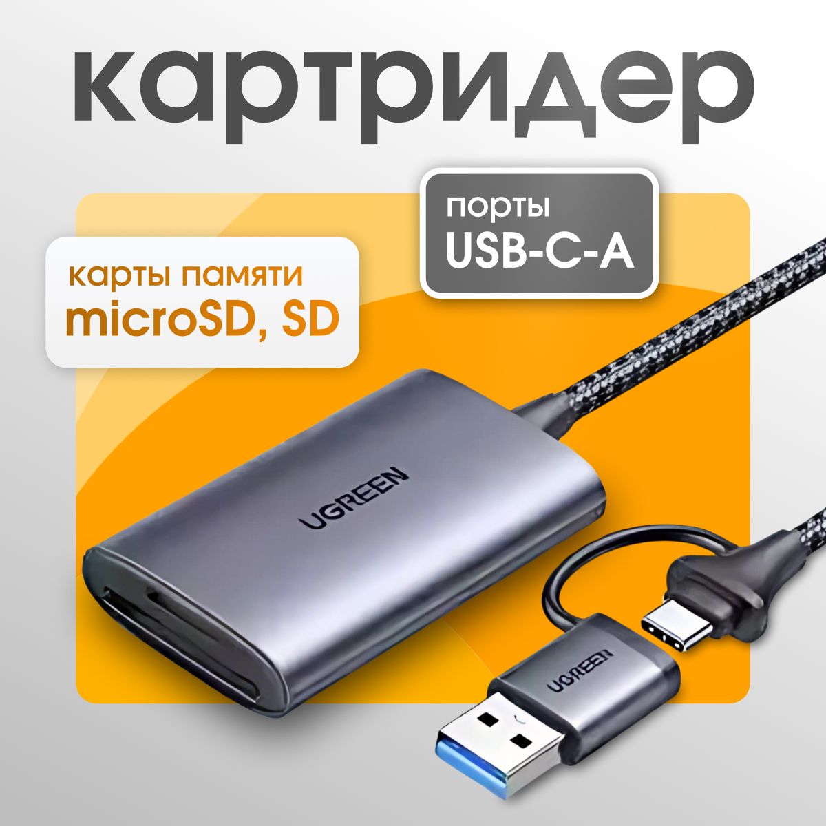 Картридер UGREEN CM401 (35148) USB-C-A to SD/TF. Memory Card Reader серый