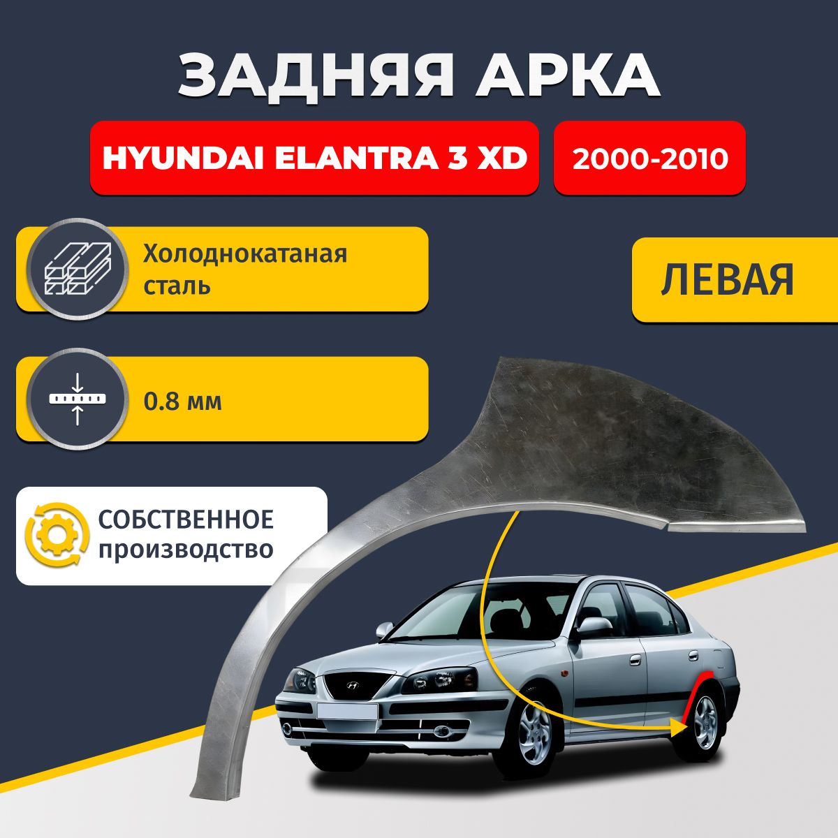 Левая задняя ремонтная арка для автомобиля Hyundai Elantra 3 XD, седан 4 двери 2000-2010 г. (Хендай Элантра ХД). Холоднокатаная сталь 0,8мм.