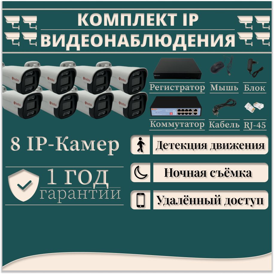 Готовый комплект IP видеонаблюдения VeSta, 8 уличных камер 4Мп