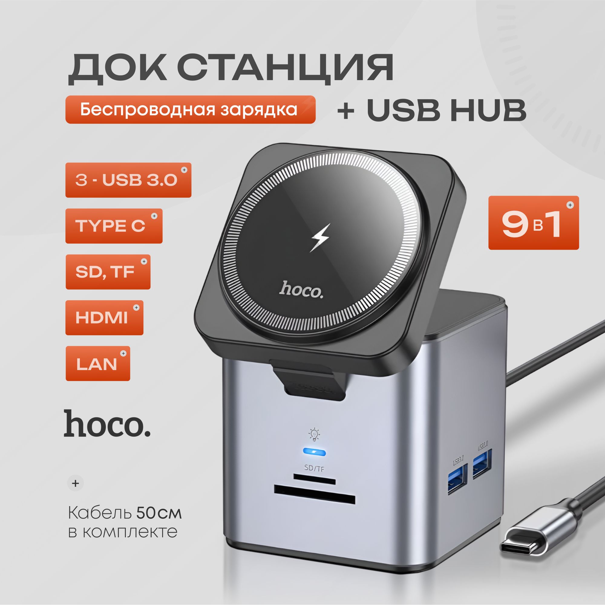 Док станция + USB Hub 9 в 1, беспроводная зарядка (PD100W, HDTV, RJ45, USB3.0, USB C, TF, SD)