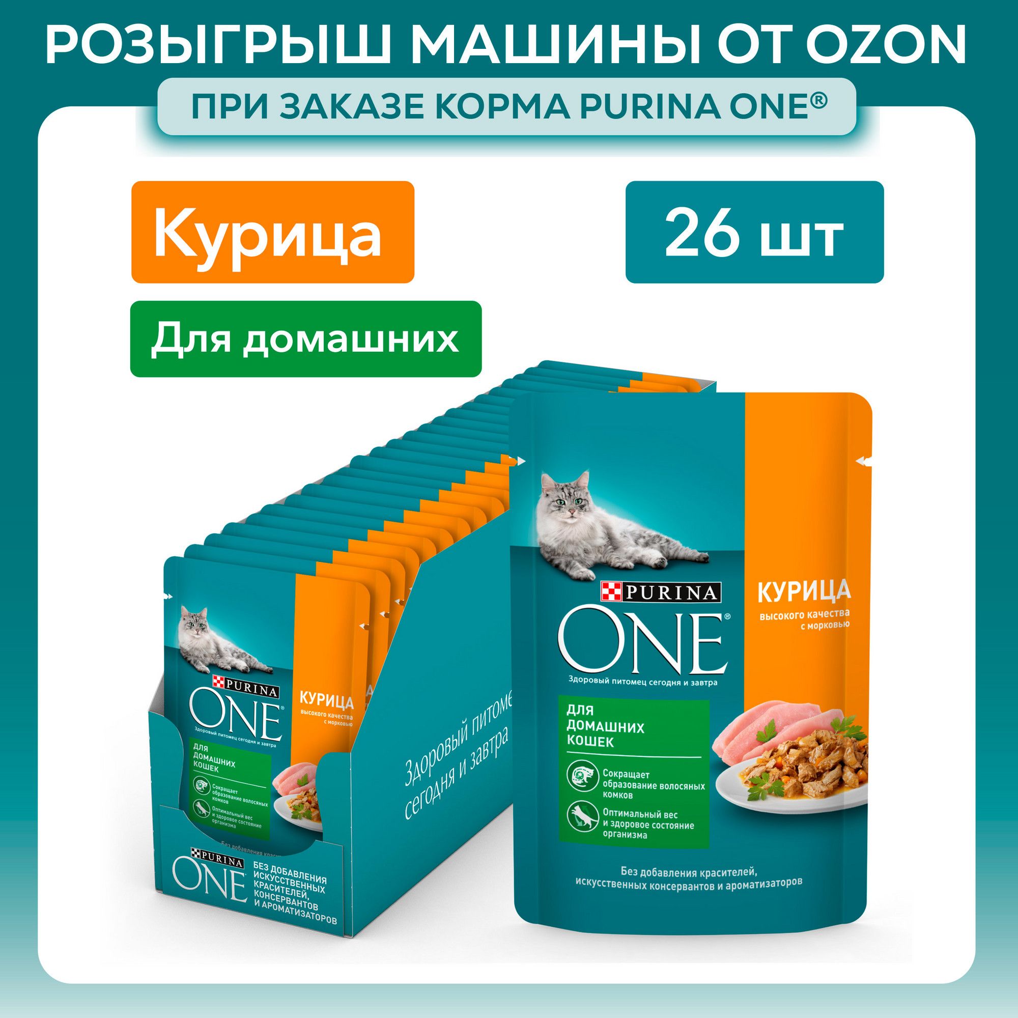 Влажный корм для кошек Purina ONE при домашнем образе жизни, в соусе с курицей и морковью, 75 г х 26 шт