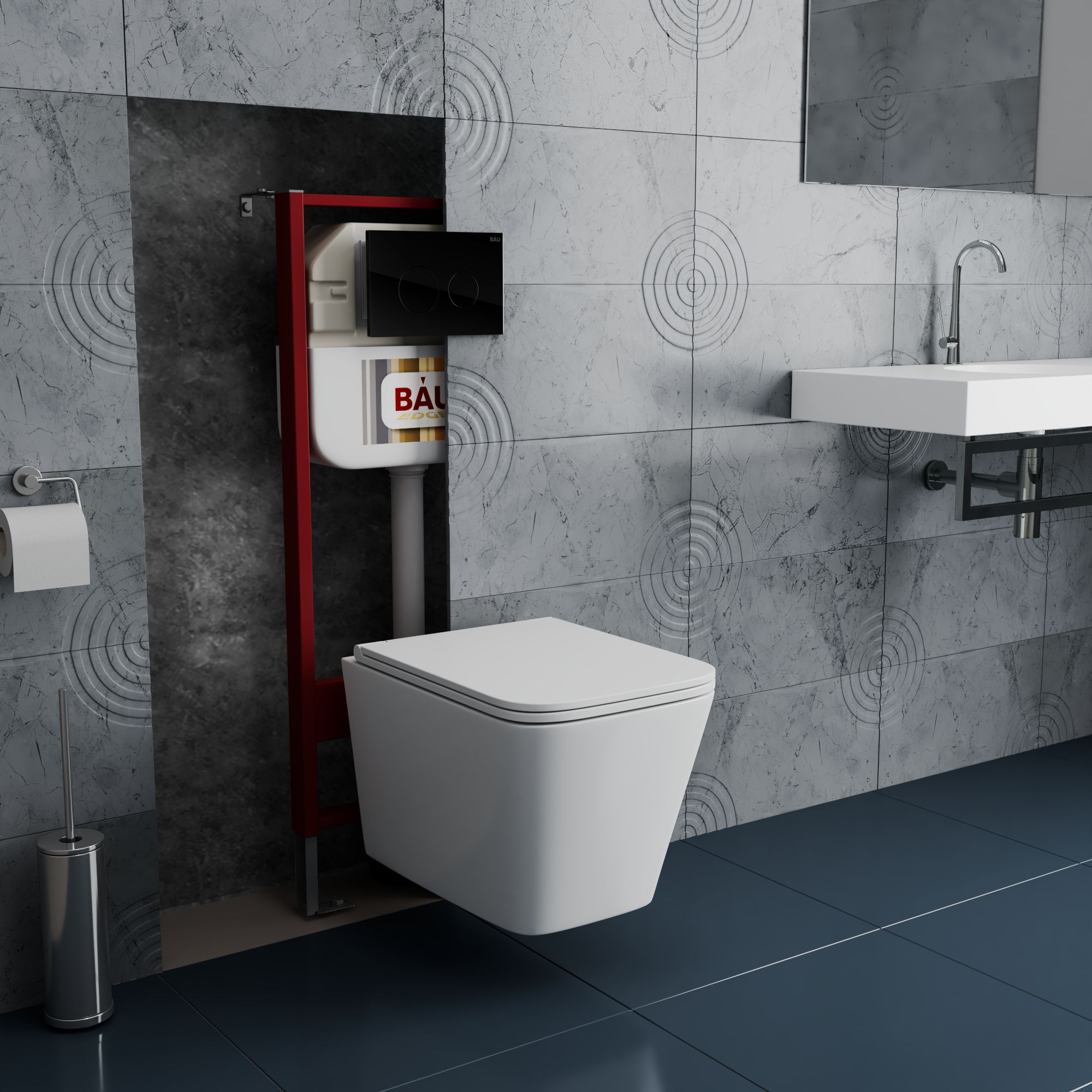 Комплект BAU 6 в 1: рамная инсталляция BAU NEO 45, унитаз подвесной безободковый с вихревым смывом, OWL 1975 Hurricane3, сиденье дюропласт микролифт, клавиша из стекла BAU Dream дизайнерская, черная