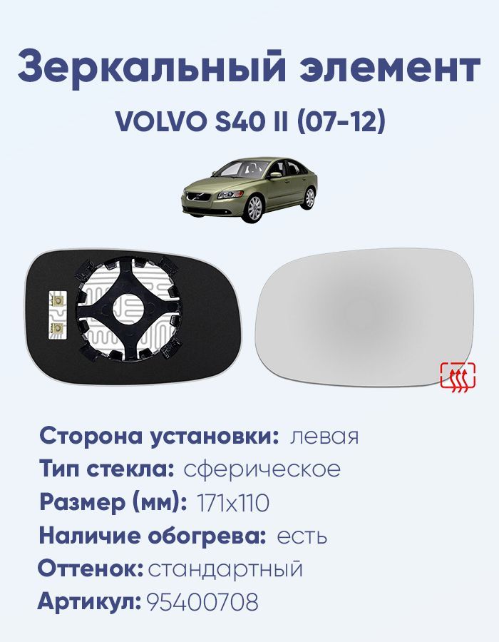 Зеркальный элемент левый VOLVO S40 II (07-12) сфера нейтральный с обогревом