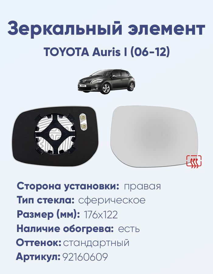 Зеркальный элемент правый TOYOTA Auris I (06-12) сфера нейтральный с обогревом