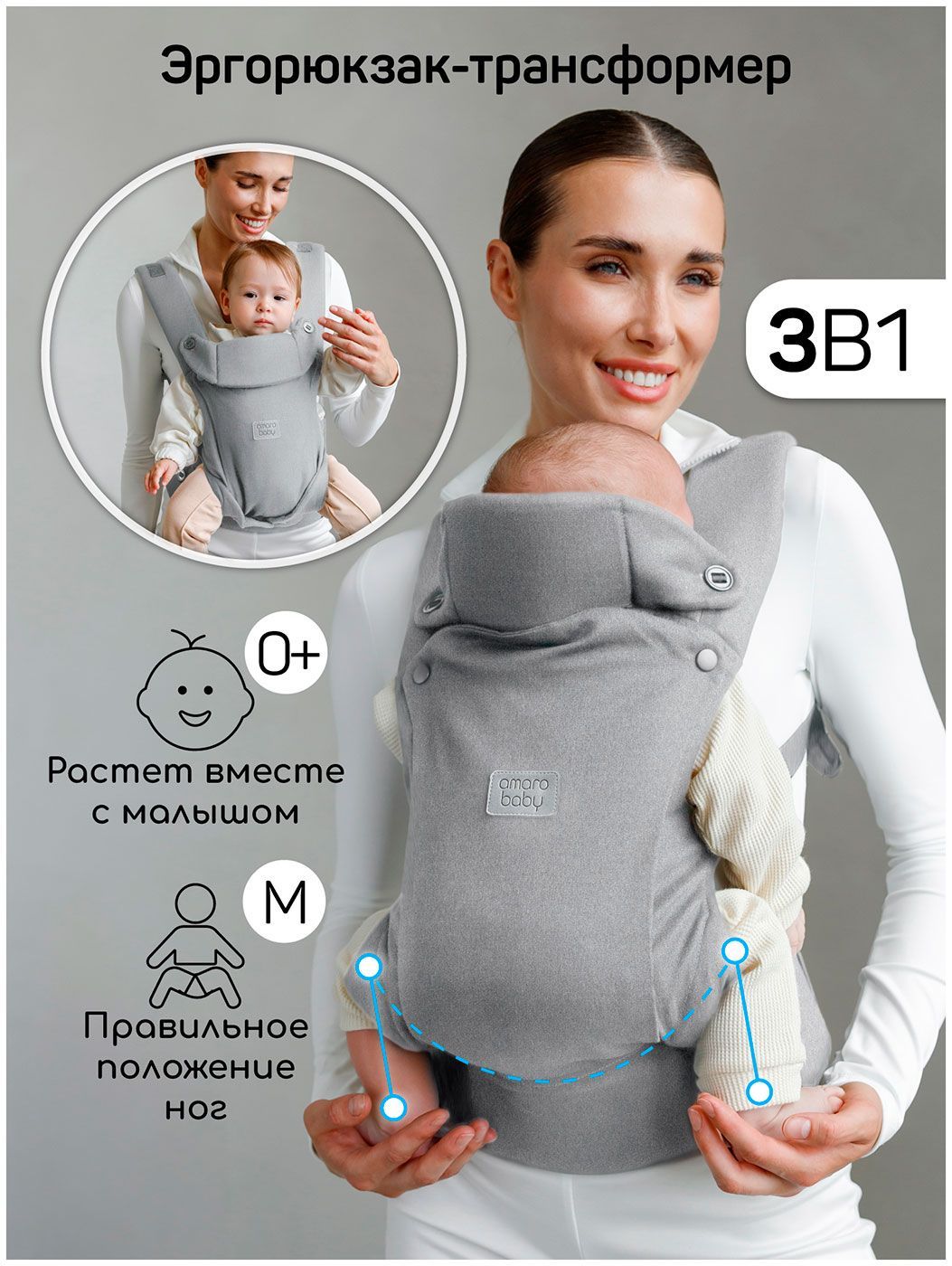 Эргорюкзак 3в1 Amarobaby Near серый