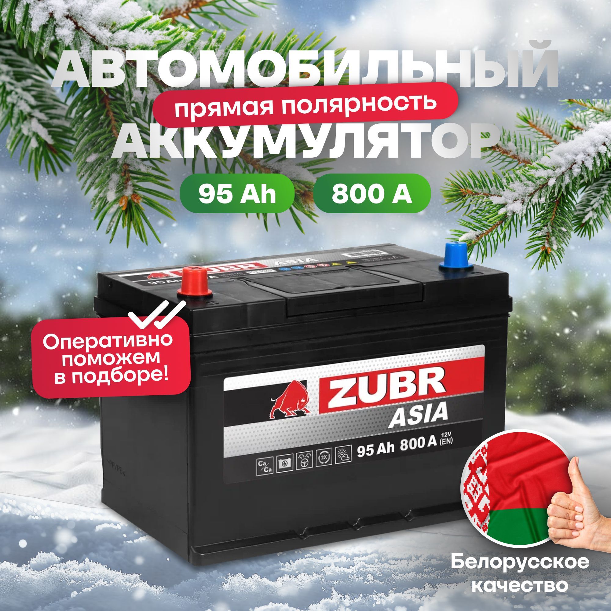 Аккумулятор автомобильный 12v 95 Ah ZUBR Ultra Asia 95 Ач 800 А прямая полярность 303x175x228 стартерный акб для автомобиля, машины (нижний борт)