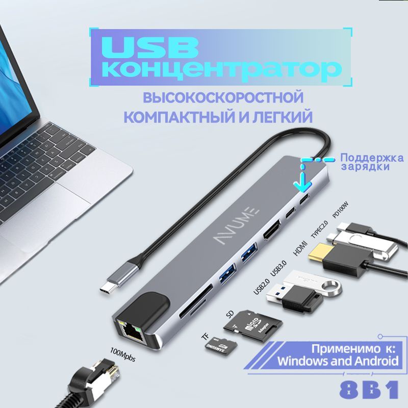 USB разветвитель 8 в 1 USB HUB Type C док станция Usb 3.0 хаб 3 0 переходник концентратор адаптер thunderbolt 4k Hdmi RJ45 TF SD картридер для ноутбука для макбука