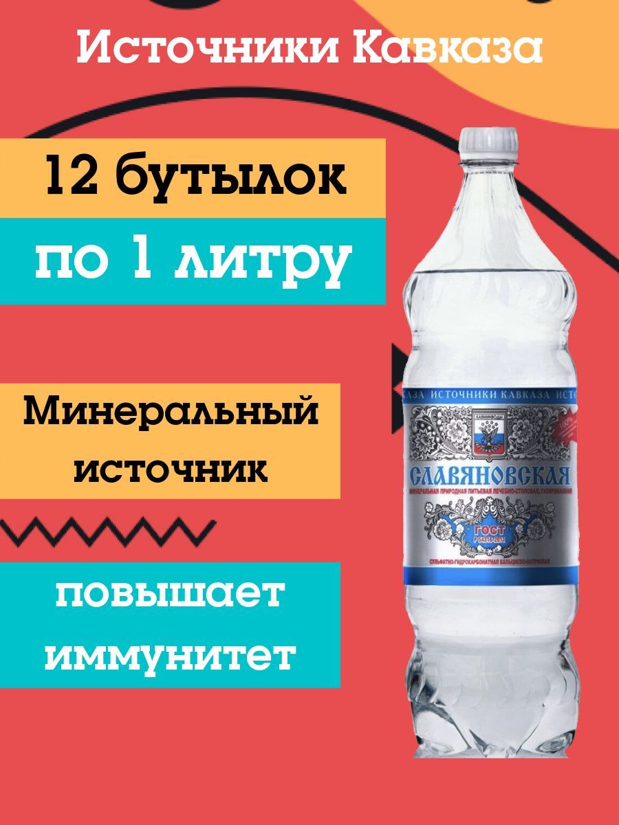 Минеральная вода СЛАВЯНОВСКАЯ ИСТОЧНИКИ КАВКАЗА лечебно-столовая, газированная 1л х 12шт 12000мл.