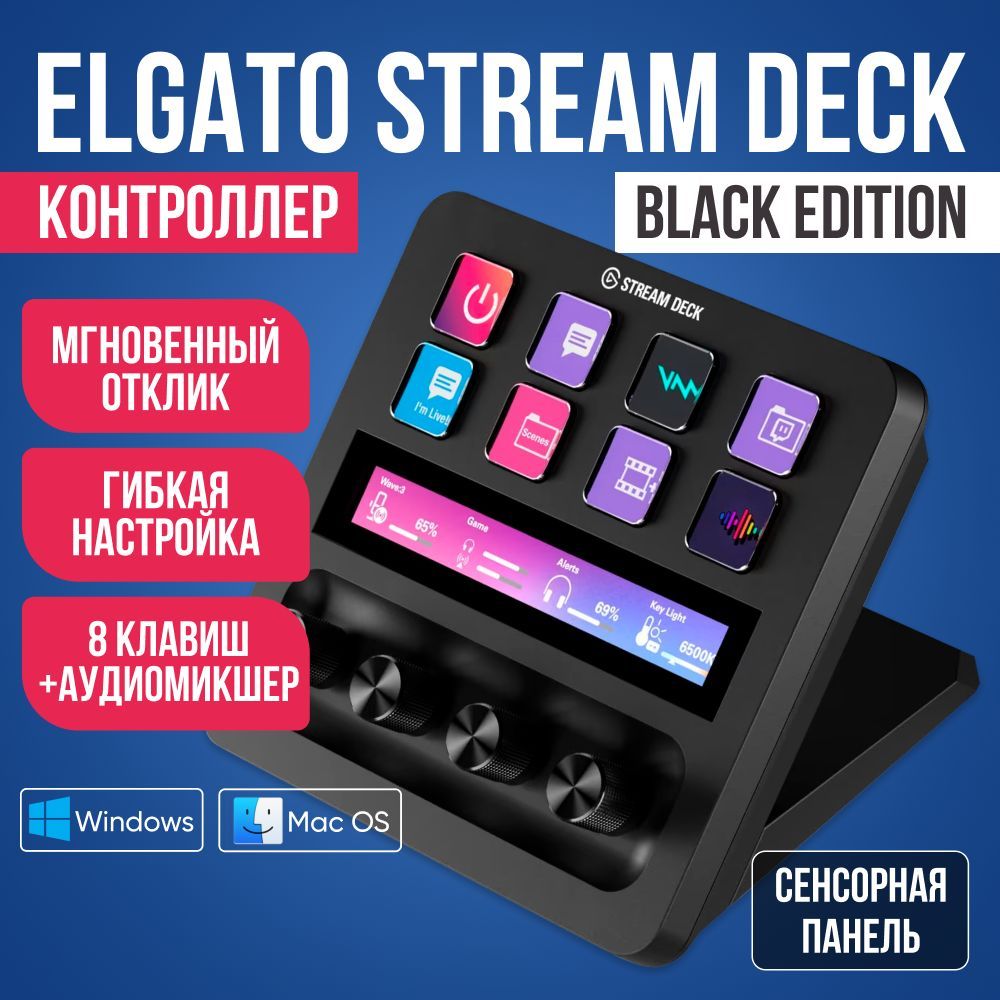 КонтроллердлястримингаElgatoStreamDeck+BLACKEDITION/Программируемые8клавиш,Английскаяраскладка,удобнаяподставка/Панельдлястриминга,записьмакросов,идеальнодляигр