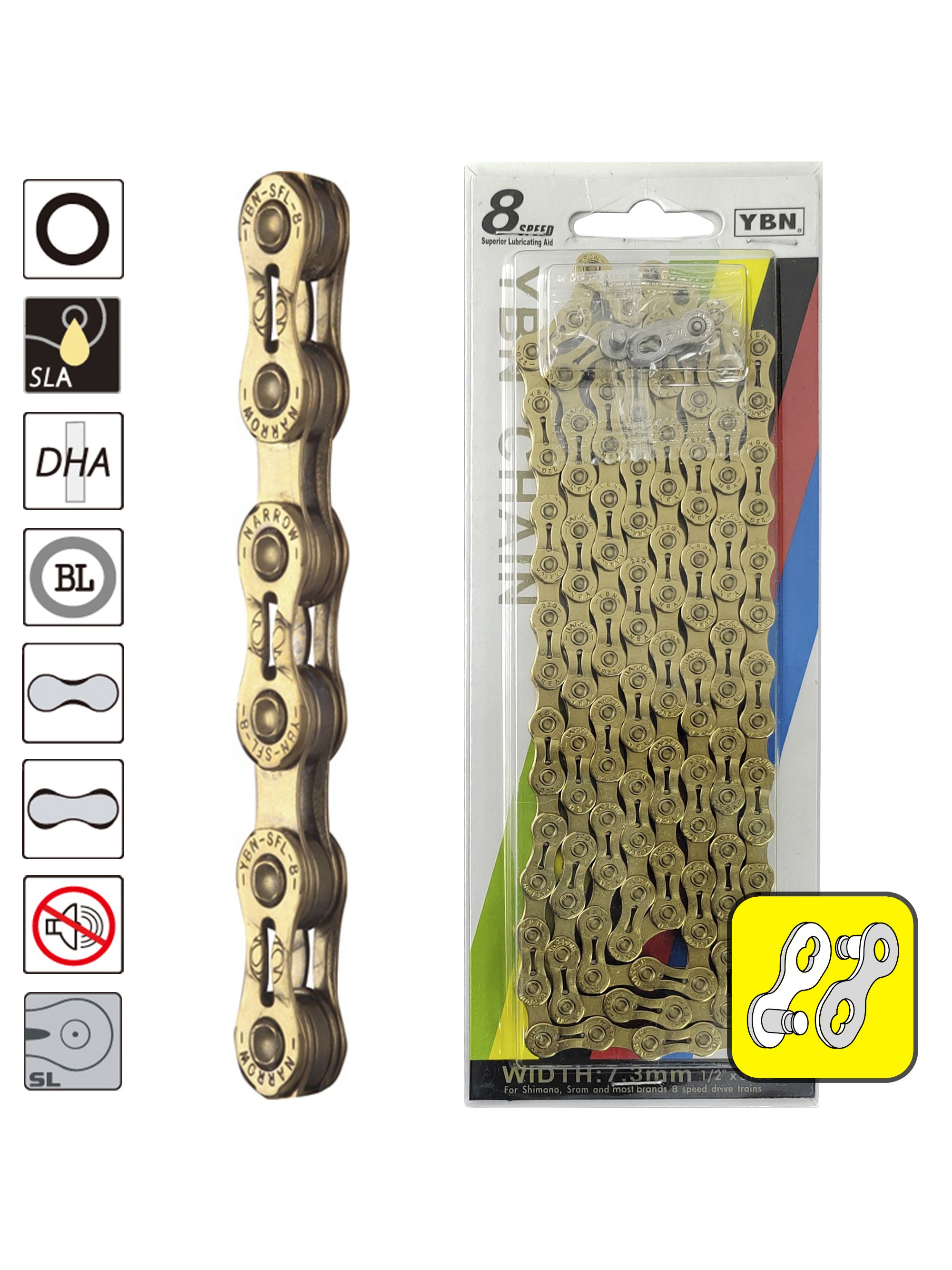 YBN Цепь для велосипеда SLA-H8-TI, 1/2"x3/32", 116 звеньев, 8 скоростей, замок цепи — Товары для велоспорта — фото 3