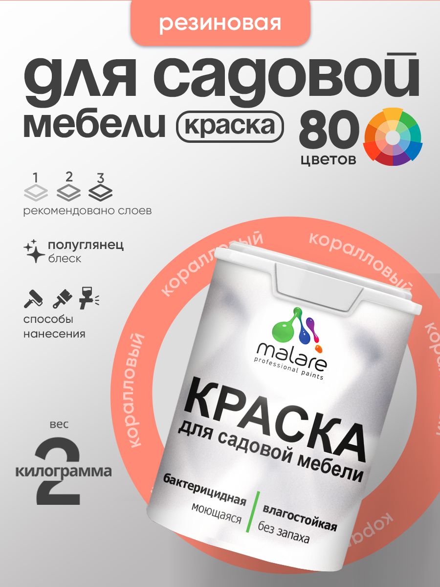 Резиновая краска Malare для садовой мебели/ по дереву, для наружных и внутренних работ/ быстросохнущая моющаяся без запаха полуглянцевая, коралловый, 2 кг