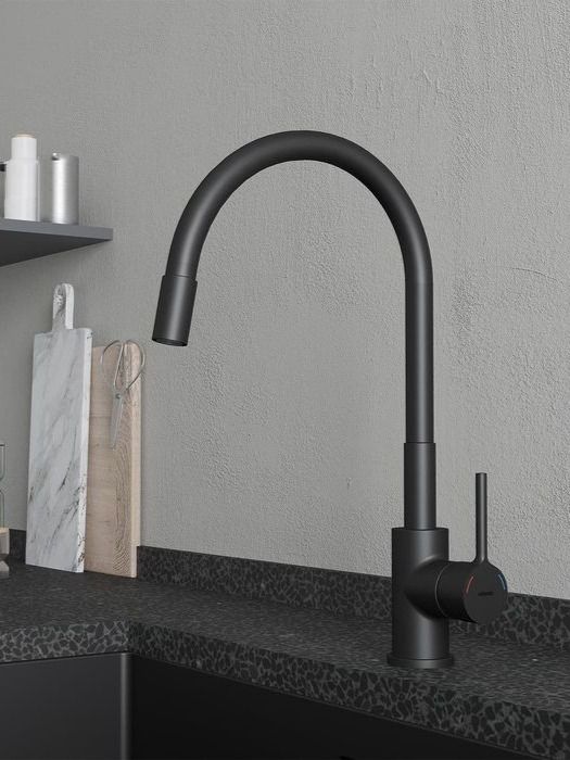 Фото товара на маркетплейсе ozon Смеситель для кухни с гибким изливом, черный матовый, Meal, Milardo, M01BL0FM05