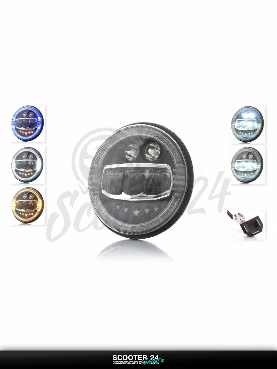 Фара мото диодная круглая D177 H4 3 габарита (белый/желтый/синий) C88-2P1 универсальная на мотоцикл / питбайк и скутер квадроцикл АШ4