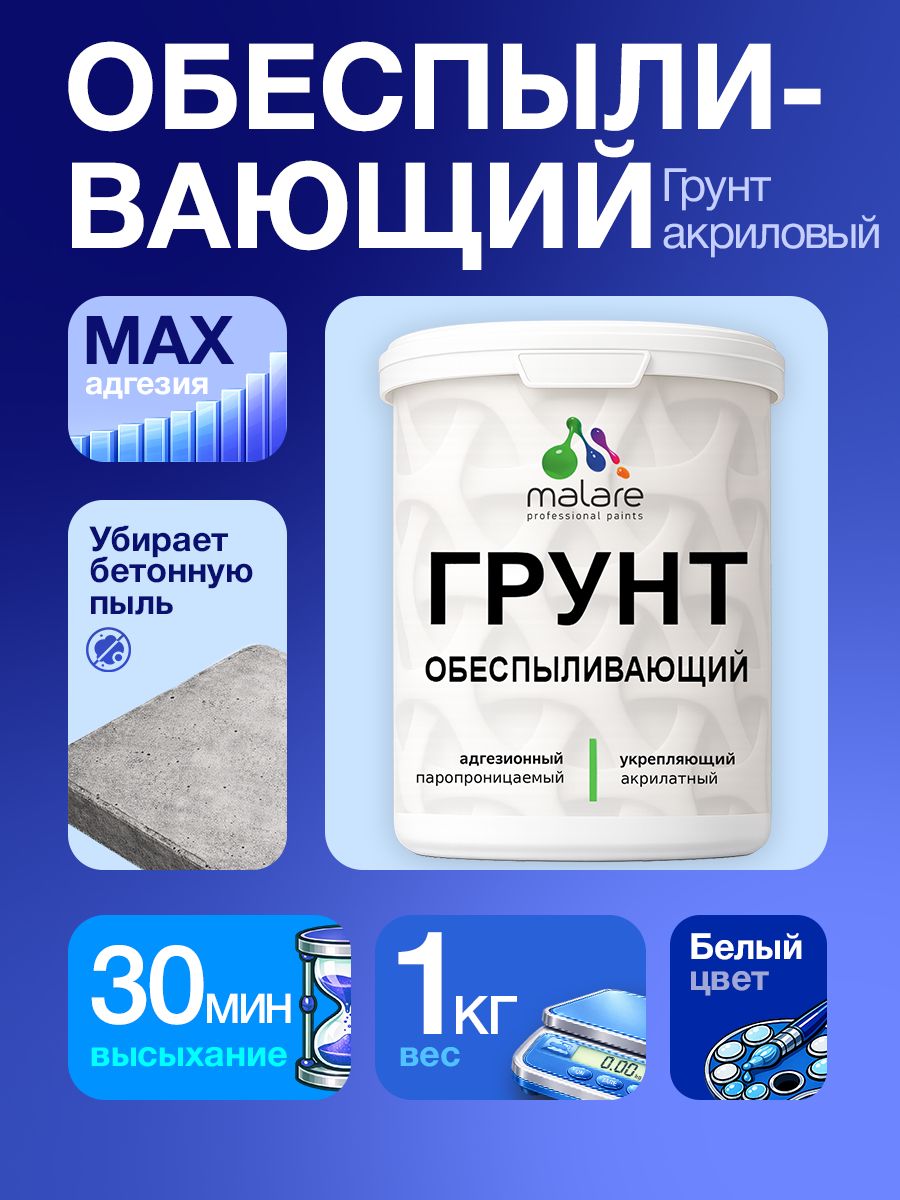 Грунт обеспыливающий Malare акриловый адгезионный универсальная, без запаха быстросохнущий, белый, 1 кг.