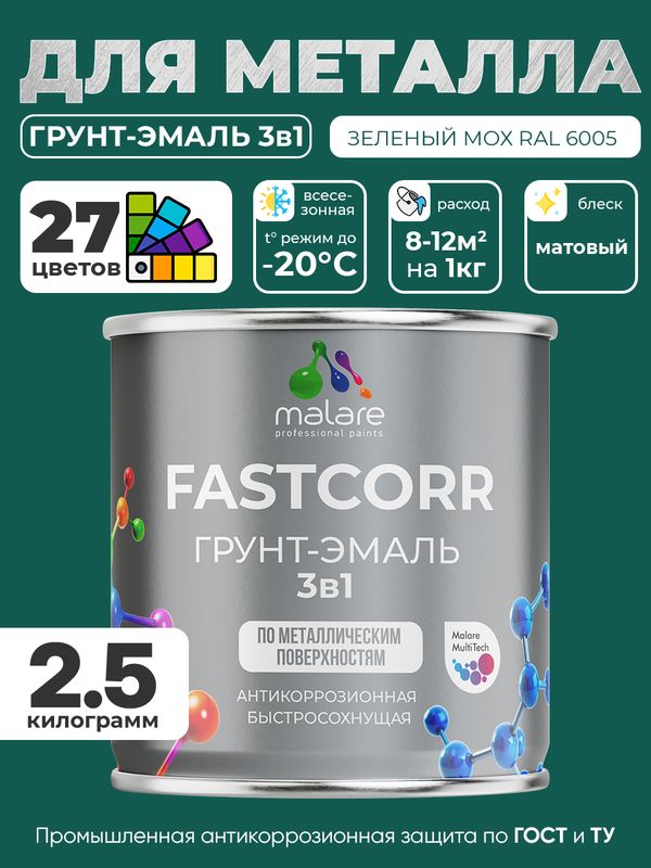 Грунт-эмаль по ржавчине 3 в 1 Malare FastCorr краска для металла, антикоррозионная износостойкая быстросохнущая RAL 6005, зелёный мох, матовая, 2,5 кг.