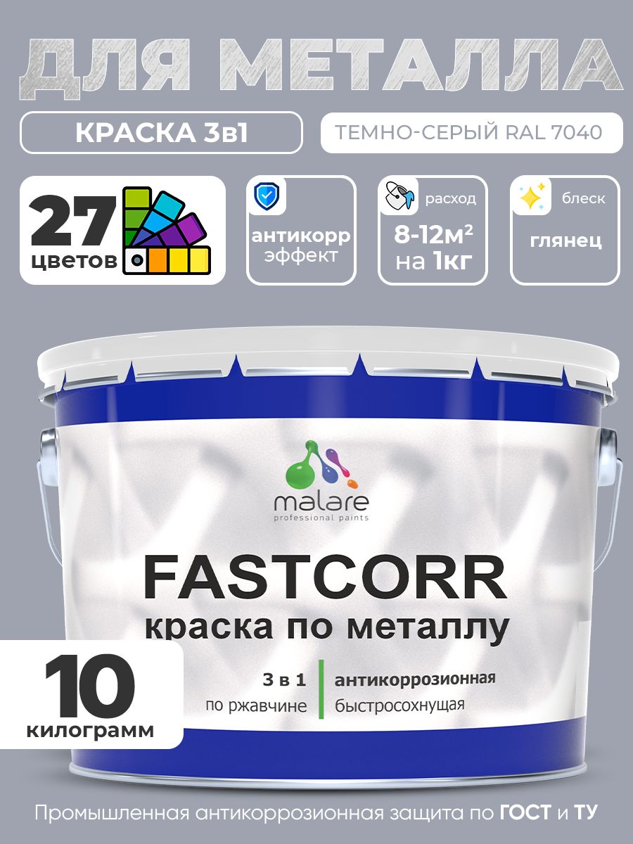 Краска для металла по ржавчине Malare FastCorr, для наружных работ износостойкая, быстросохнущая RAL 7040 темно-серый, глянцевая, 10 кг