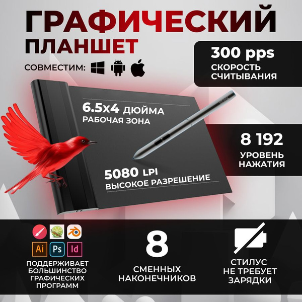 Графический планшет Houft, Android, Windows, 8192 уровня, черный купить ...