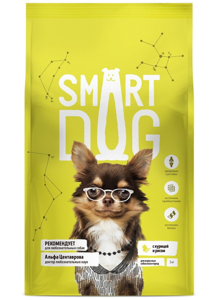 Smart Dog с Курицей и Рисом корм сухой для взрослых собак, 3 кг / Смарт ...