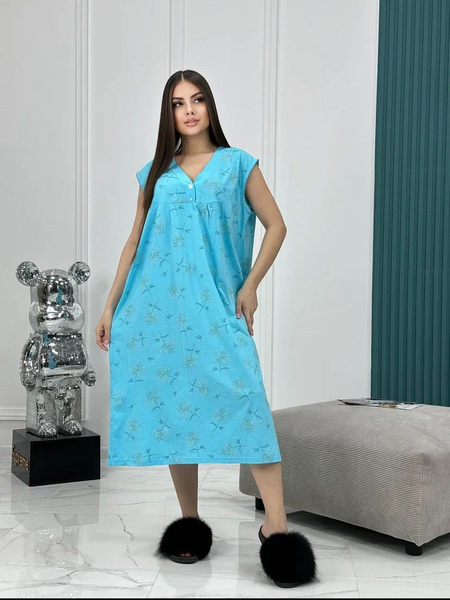 Ночная сорочка Женский Sayxun Хлопок, размер 52 Цветочный ярко-голубой ...