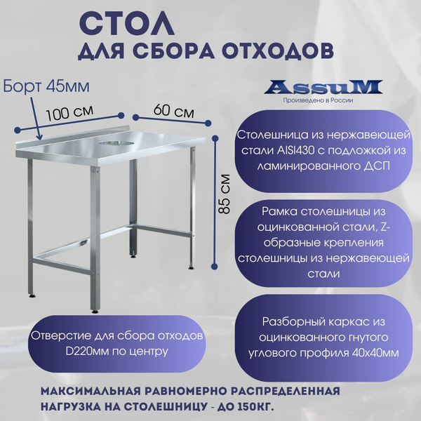 Стол производственный для сбора отходов 1000х600х850, из нержавеющей ...