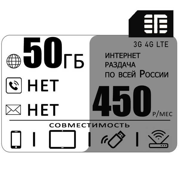 SIM-карта Сим карта c интернетом и раздачей, 50ГБ за 450р/мес (Вся ...