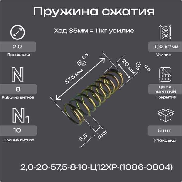 Пружина сжатия 2,0-20-57,5-8-10-1086-0804 (5шт.) - купить по низкой ...