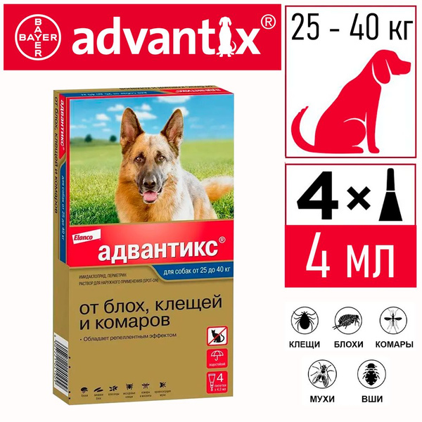 ADVANTIX для собак весом 25-40 кг (4 мл пипетка упаковка 4 шт)(11/2026 ...