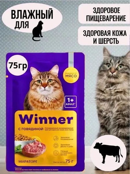 Корм для кошек и котов влажный 56шт по 75гр. Мираторг, жидкий, мокрый ...