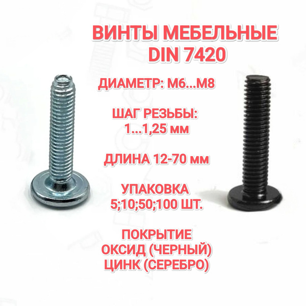 Винт мебельный DIN 7420 М6х16 с плоской головкой, чёрный, под ...