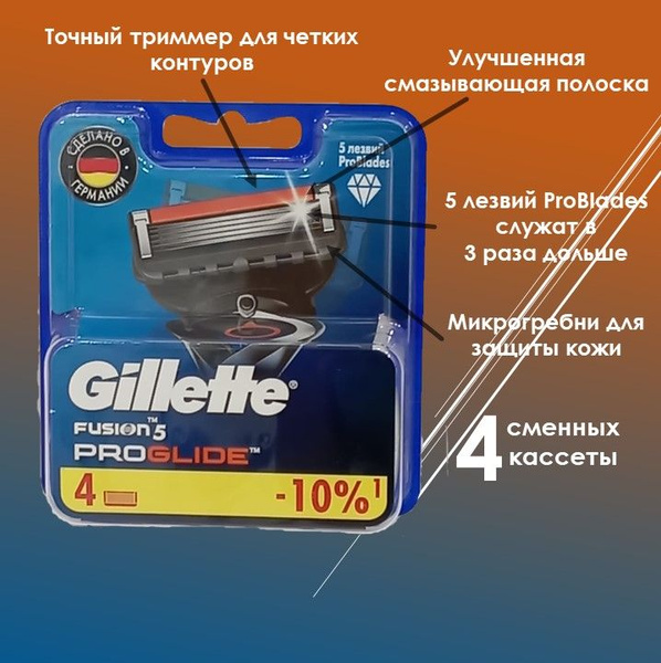 Сменные кассеты Gillette Fusion PROGLIDE, 4 шт, 5 лезвий - купить с ...