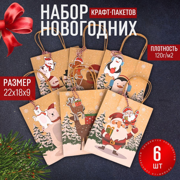 Набор подарочных пакетов 6 шт из крафт бумаги высокой плотности ...