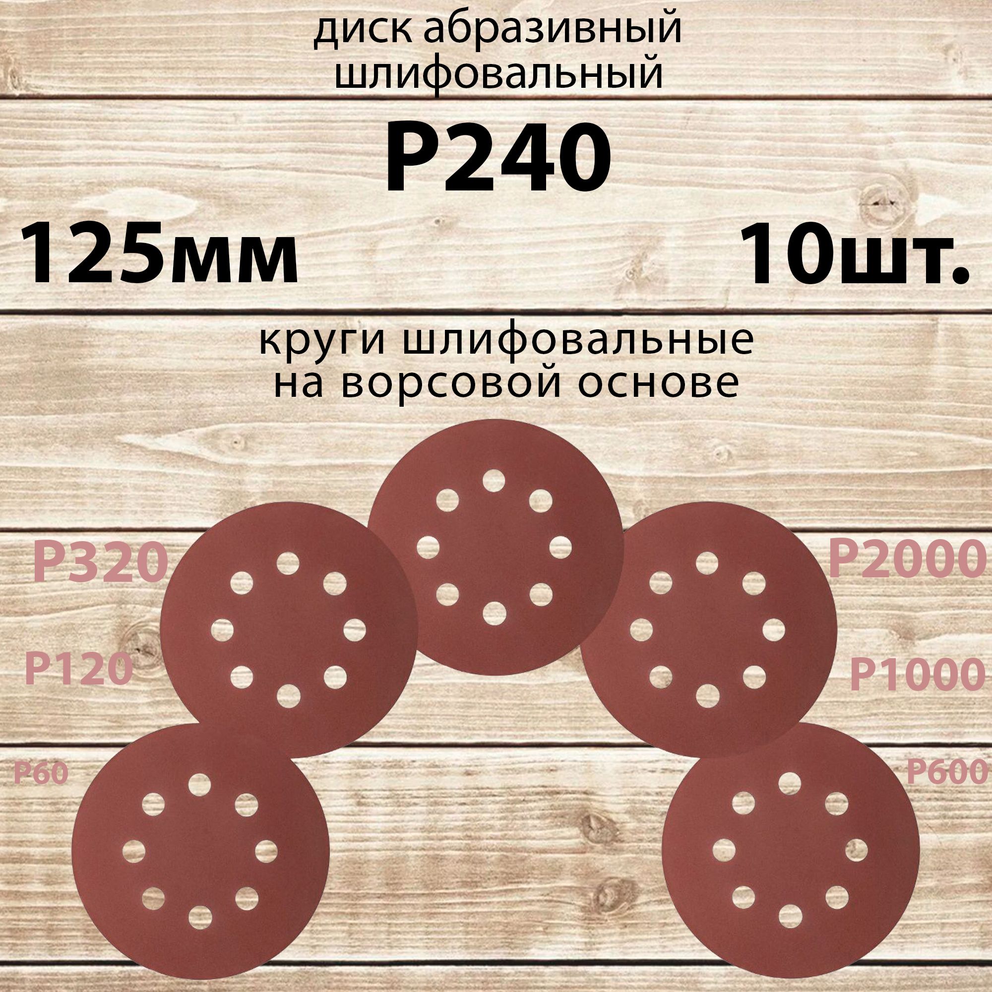 Круг шлифовальный 125 мм на липучке, P240 (10 штук), диск шлифовальный на ворсовой основе /диск абразивный