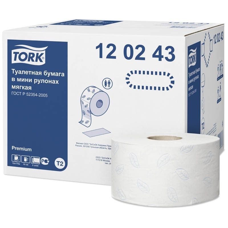 БумагатуалетнаяTork"Premium"T2,2слоя,мягкая,170м,тиснение,белая,1рулон(120243)