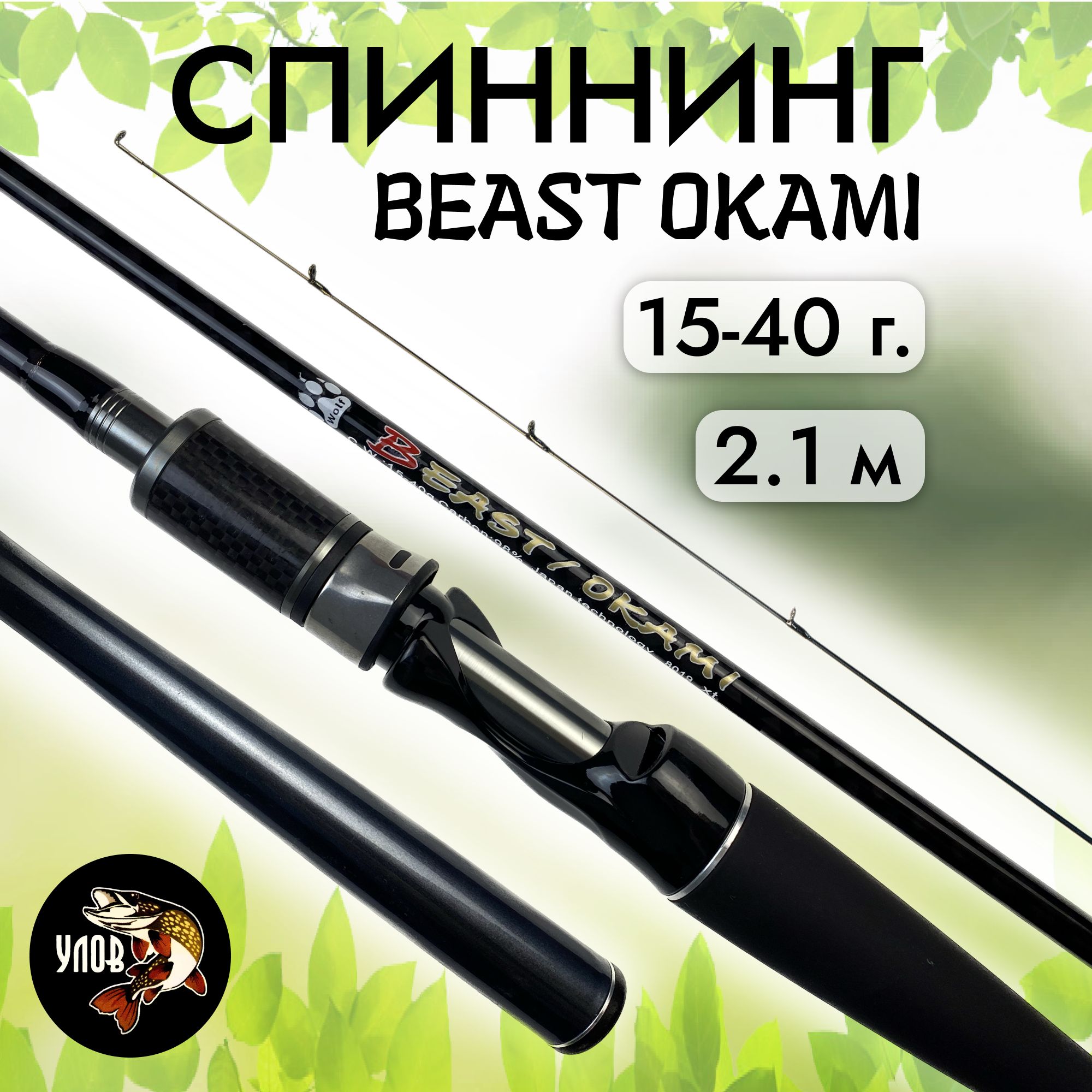 Спиннинг "BEAST OKAMI" штекерный в чехле, тест 15-40 г., серый 2.1 м