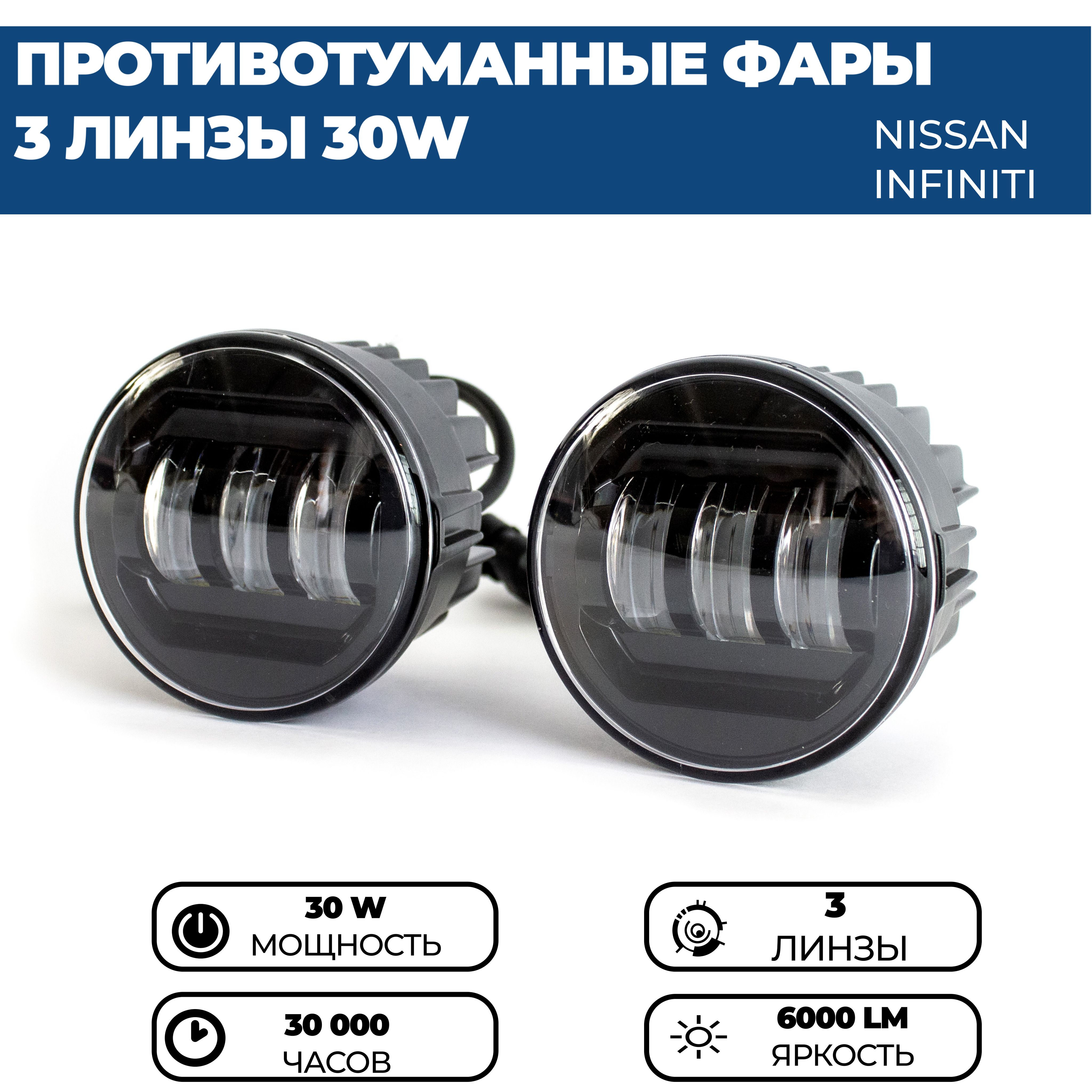 ПротивотуманныефарыПТФсветодиодные,30W3линзыдляNissanX-TrailIIQashqaiIIMuranoJukeInfinitiEXFXIIQ70QX70,комплект2шт.