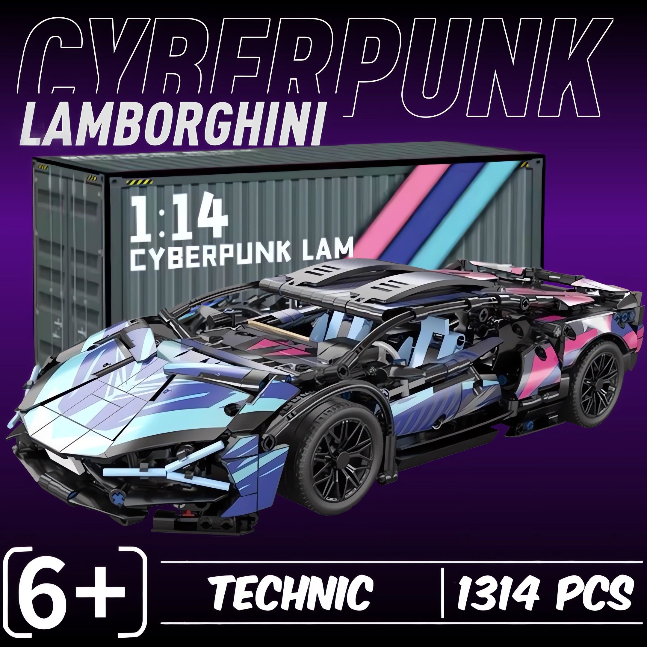 КонструкторТехник"КиберпанкLamborghiniSian"1314деталей(ЛамборгиниСиан,technic,модельracingспорткар,лeгосовместимый,подарокдлямальчиков,большойнабор)