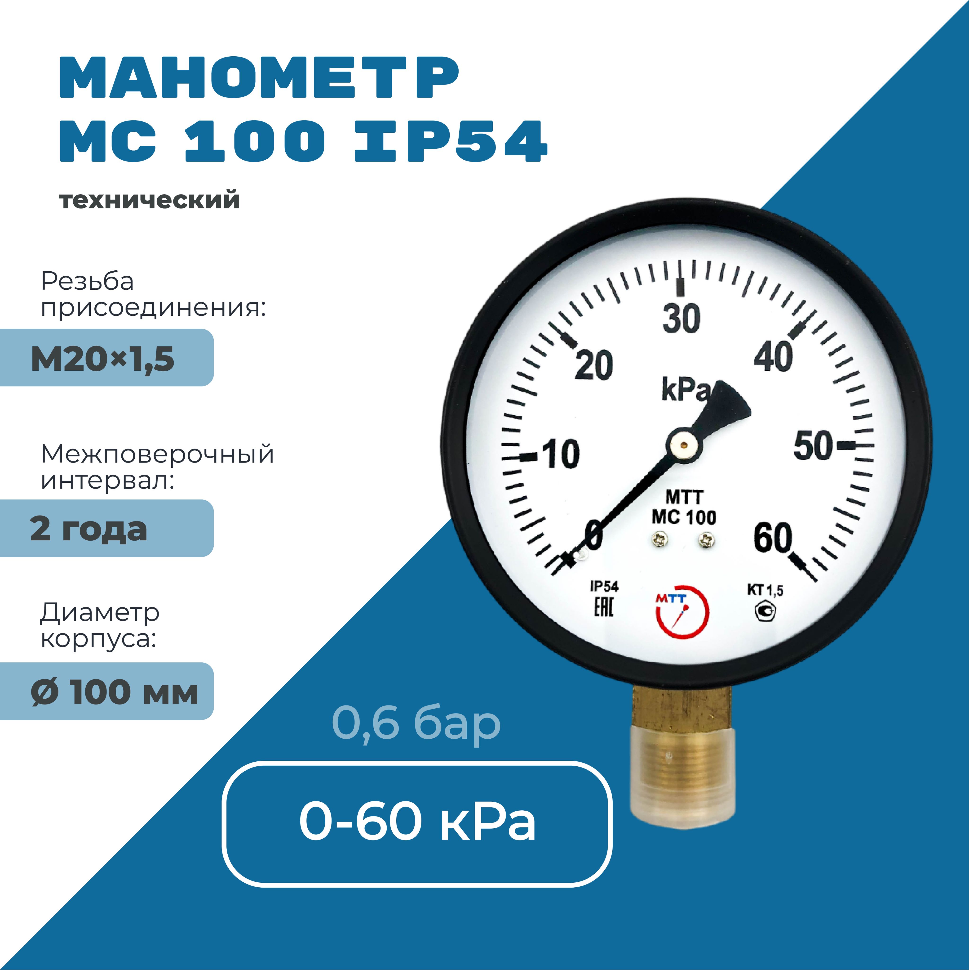 Манометр МС100 IP54 0 до 60 кПа (0.6 бар) резьба М20х1,5 класс точности 1,5