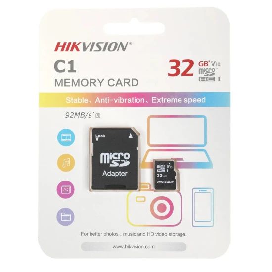 КартапамятиmicroSDHC32GBClass10UHS-IU1HIKVISIONHS-TF-C1(STD)92MB/s+SDадаптер,1шт.взаказе