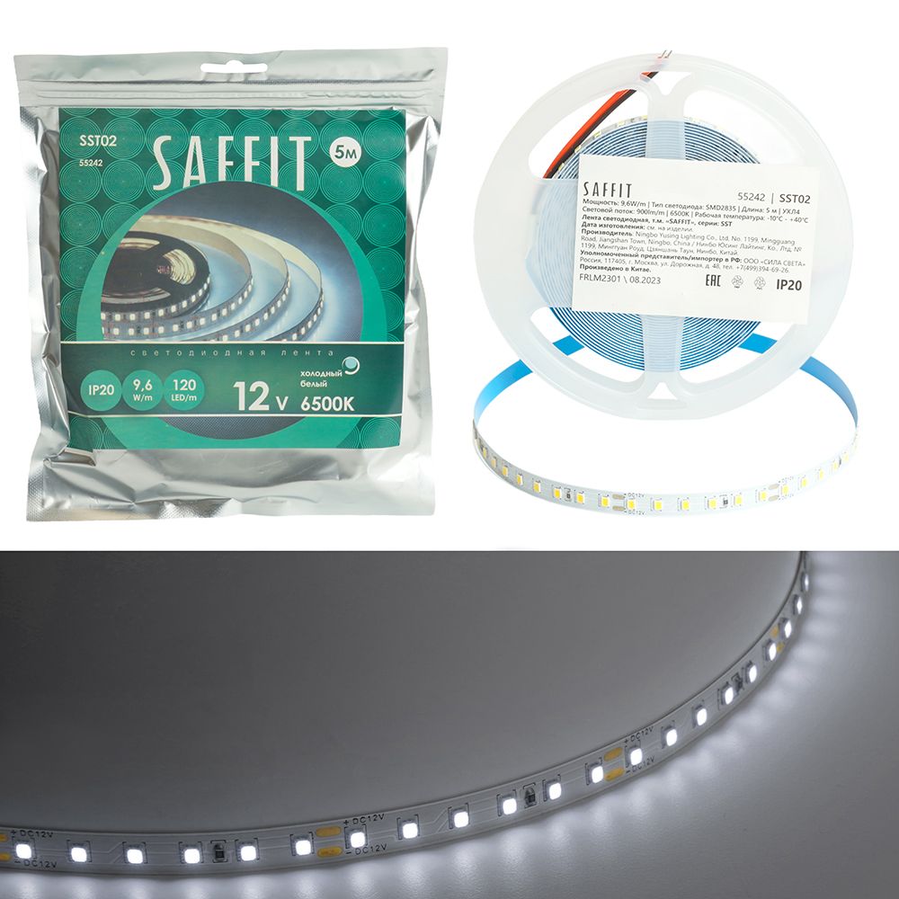 ЛентасветодиоднаяSST02SAFFIT120SMD(2835)/м9.6Вт/м12V5000*8*1.22мм6500К,IP20Артикул55242