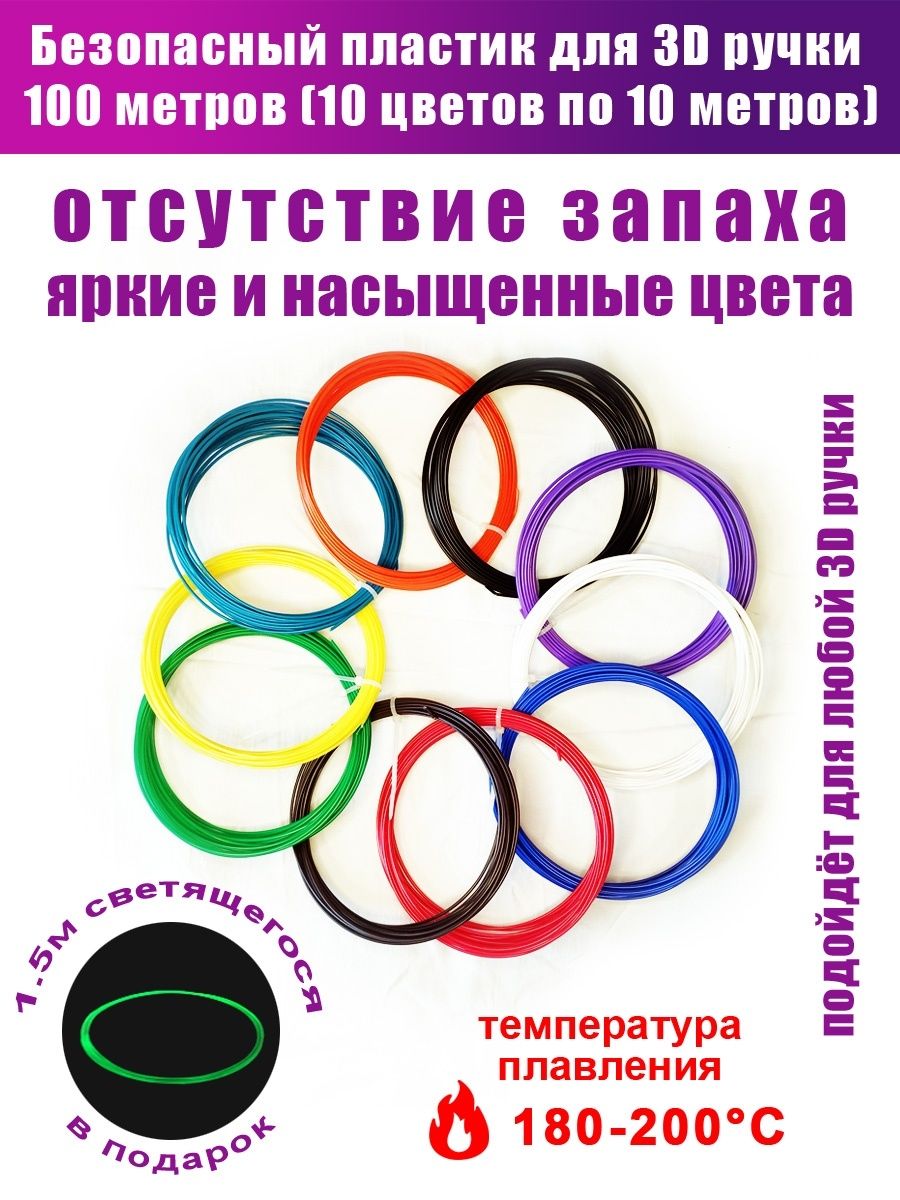 Набор пластика для 3Д ручки, 10 цветов по 10 метров