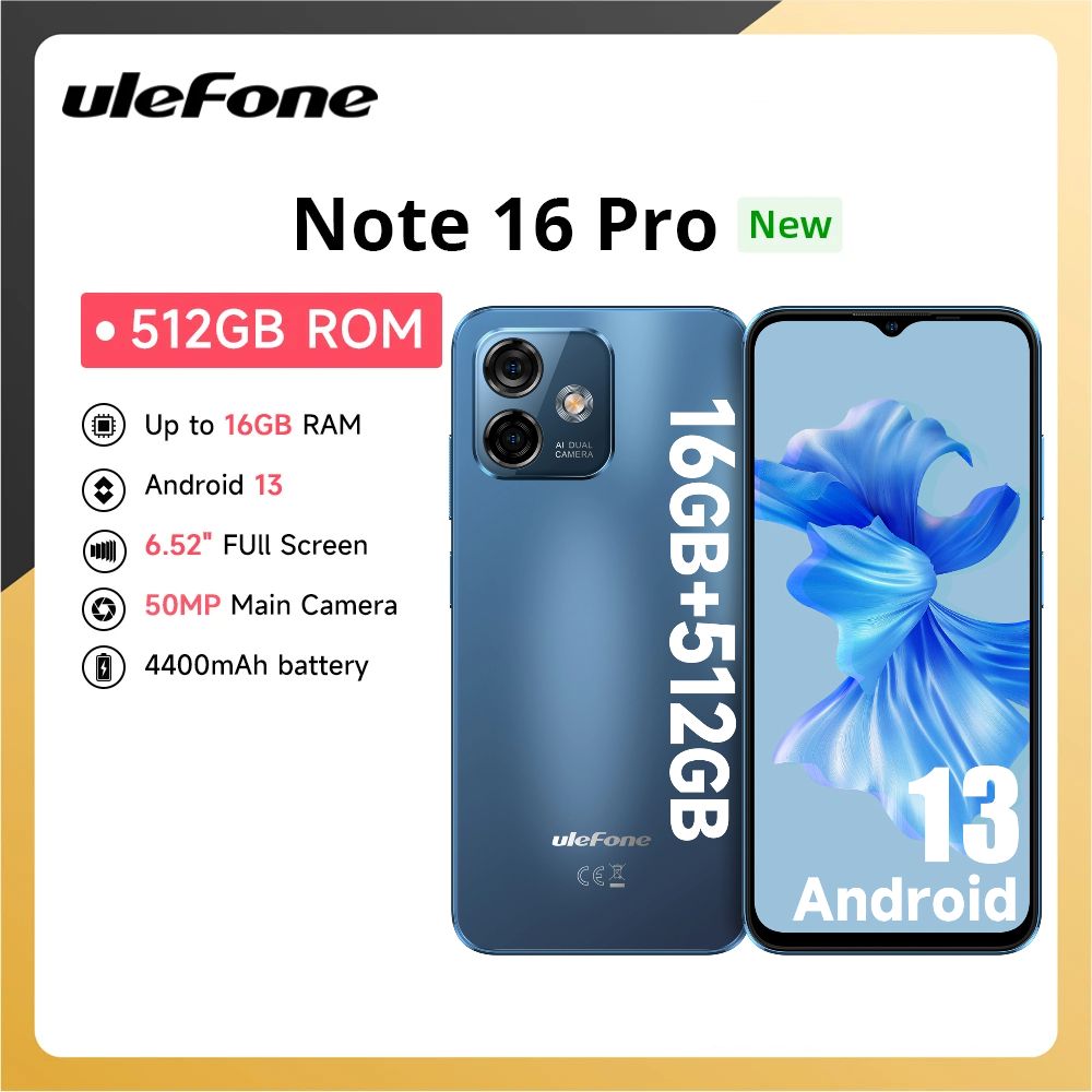 ULEFONEСмартфонNote16ProДо16ГБОЗУ512ГБПЗУСмартфон6,52InchэкранHD+Android13глобальнаяверсиятелефон50МПКамера4400мАчаккумуляторGPS4GGlobal8/512ГБ,синий