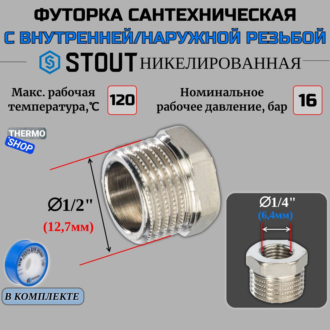 Футорканикелированная1/2X1/4сантехническаядлятруб,ФУМлента10м