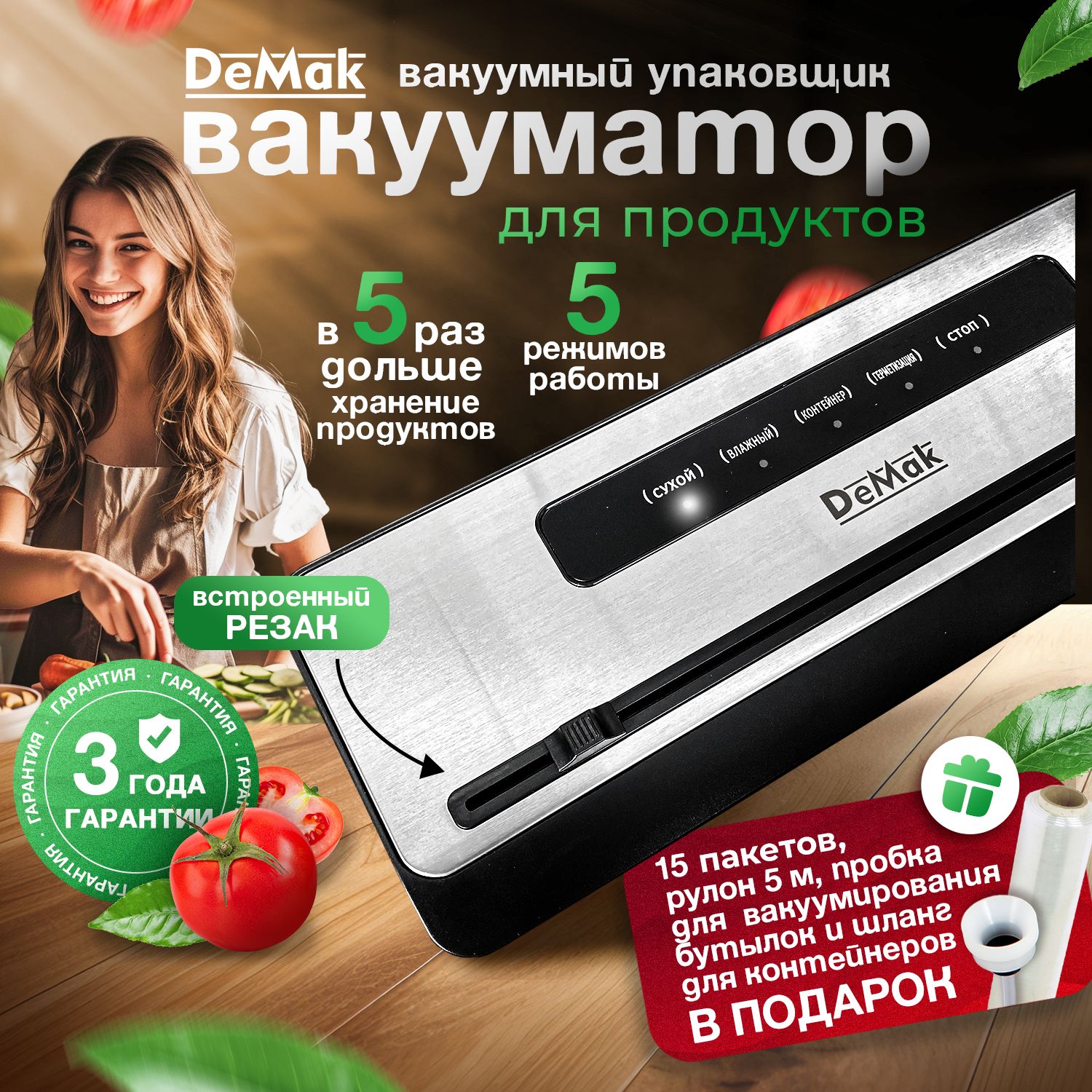 ВакууматордляпродуктовDeMak,Вакуумныйупаковщикпищевойсзапайкойирезаком,запаивательпакетовДемак