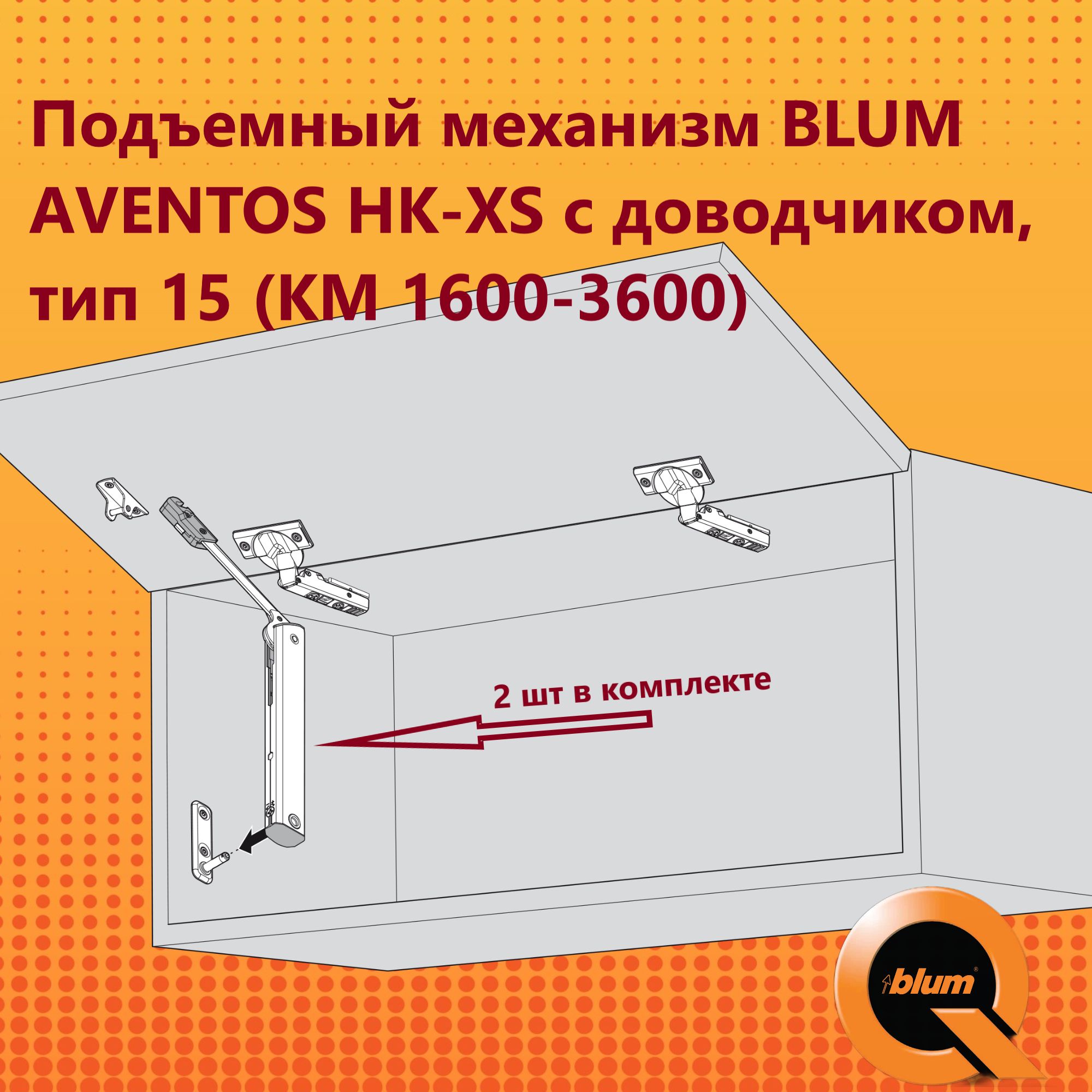 BLUMAventosHK-XSПодъемныймеханизмсдоводчиком,двойной,тип15(КМ1600-3600)/комплектспетлями