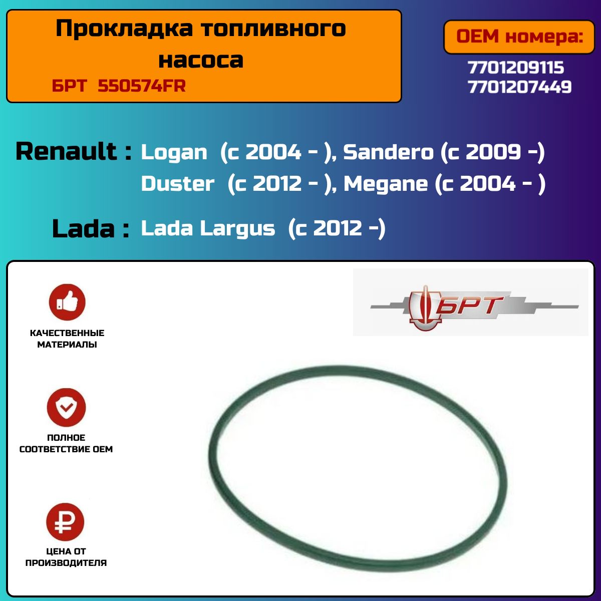 Прокладка топливного насоса для Renault Logan, Duster, Lada Largus, Renault Megane БРТ