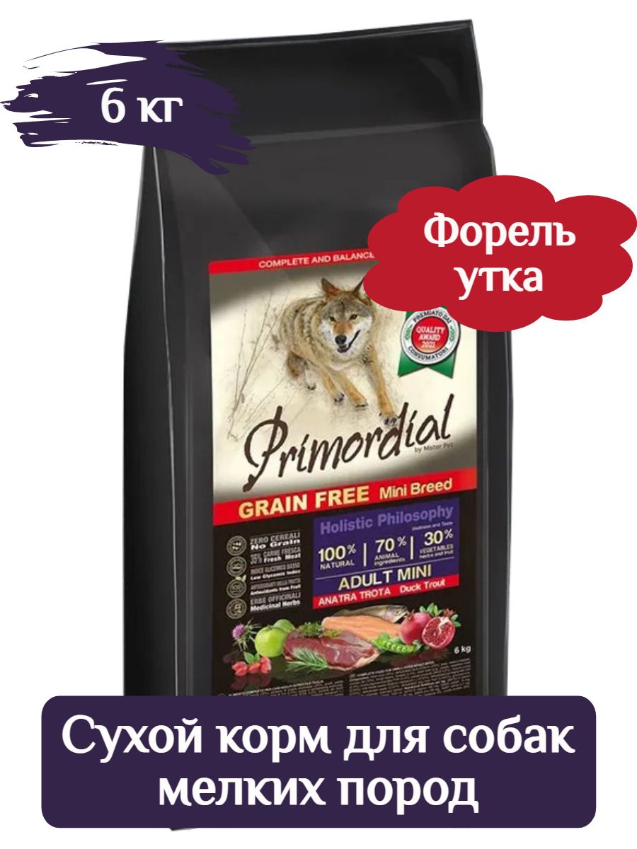 Primordial Dog Adult Mini Сухой корм для собак мелких пород беззерновой с форелью и уткой, 6кг