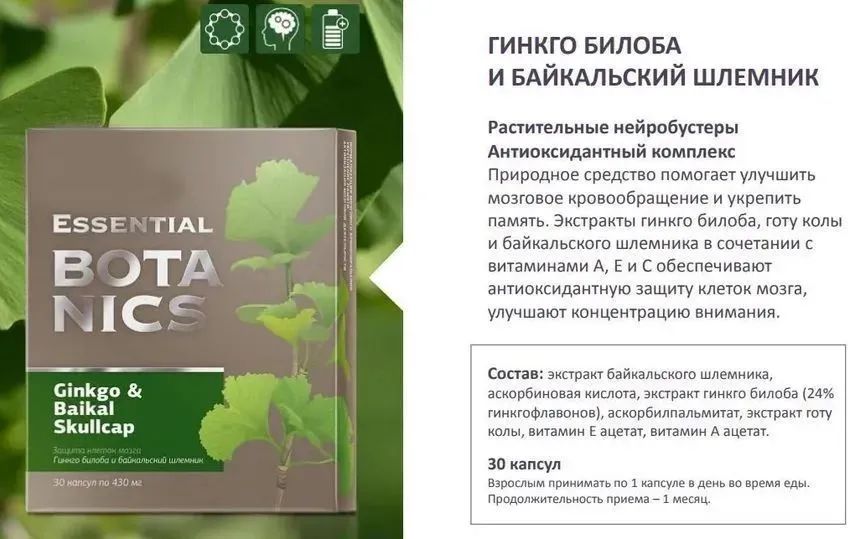 Гинкго билоба и байкальский шлемник - 30 капсул по 430 мг. Улучшает память, активизирует клетки головного мозга.